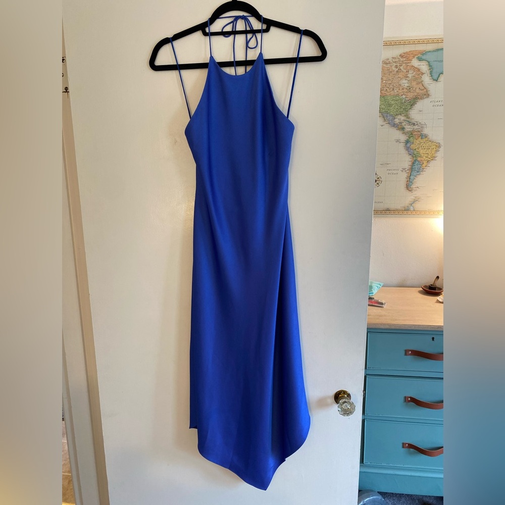 Alice + Olivia Blue Satin Halter Dress